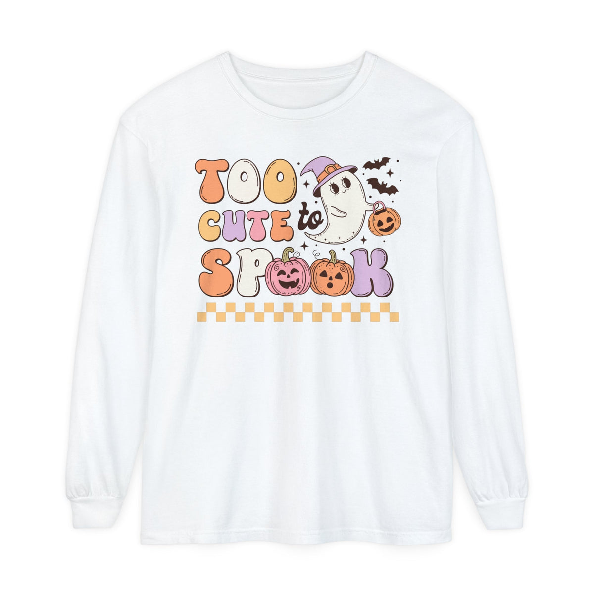 Too Cute to Spook Halloween Long Sleeve T-Shirt - Adorable Ghost and Pumpkin Graphic Tee