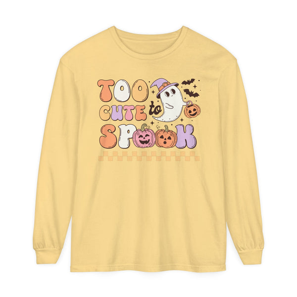 Too Cute to Spook Halloween Long Sleeve T-Shirt - Adorable Ghost and Pumpkin Graphic Tee