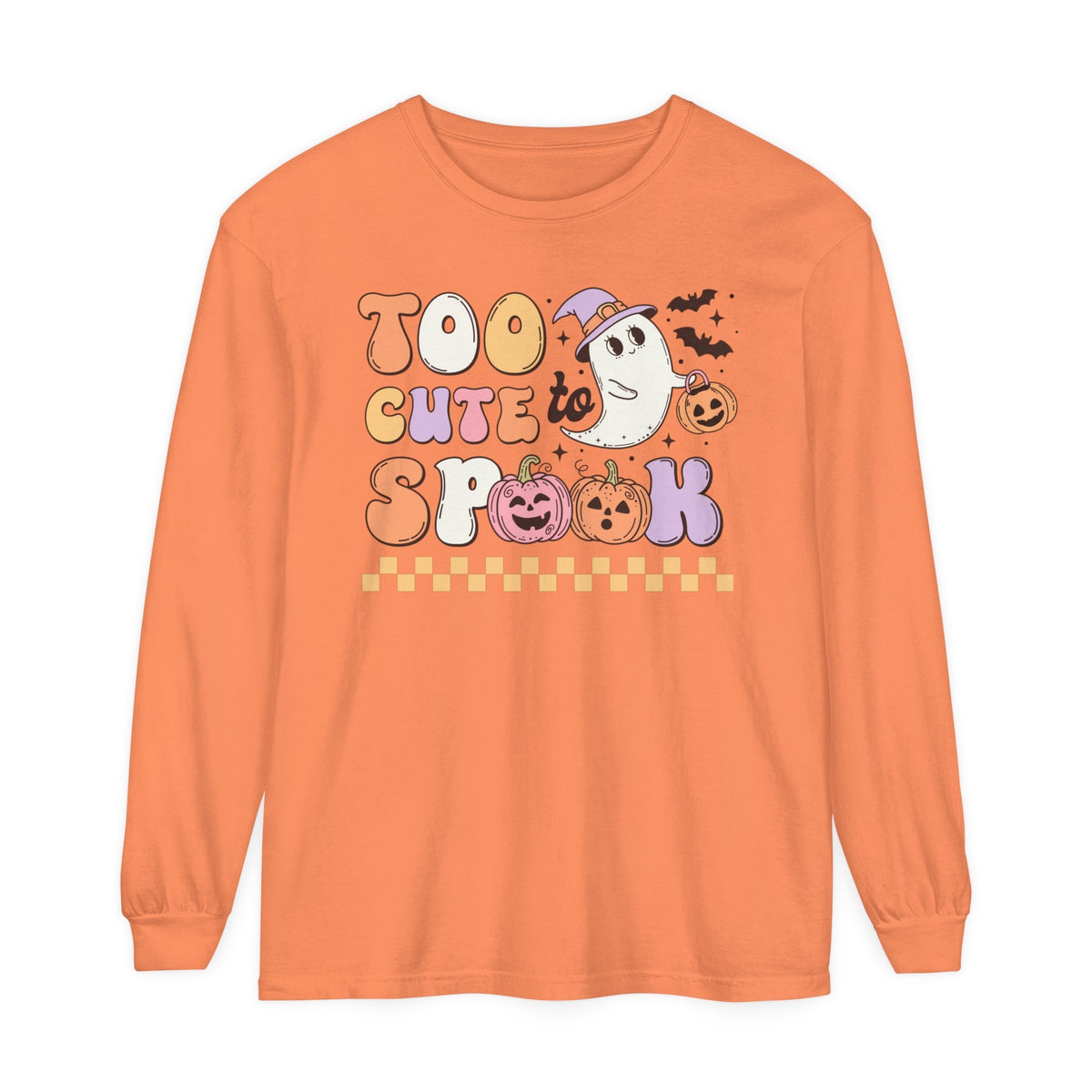 Too Cute to Spook Halloween Long Sleeve T-Shirt - Adorable Ghost and Pumpkin Graphic Tee