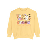 Too Cute to Spook Halloween Sweatshirt - Adorable Ghost and Pumpkin Graphic Sweater