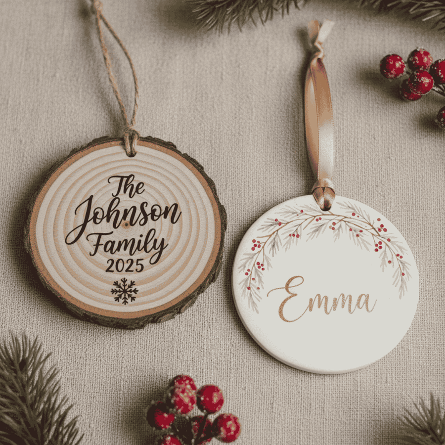 Two Christmas ornaments on a textured surface with decorative elements.