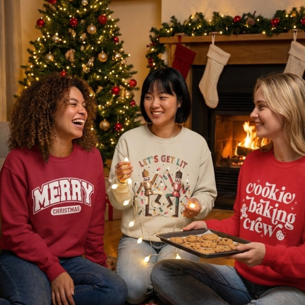 Three friends wearing festive Christmas sweatshirts laughing together by a fireplace, holding cookies and string lights in a cozy holiday living room setting.