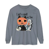 Vintage Pumpkin Cat Halloween Long Sleeve T-Shirt - Spooky Graveyard Kitty Graphic Tee