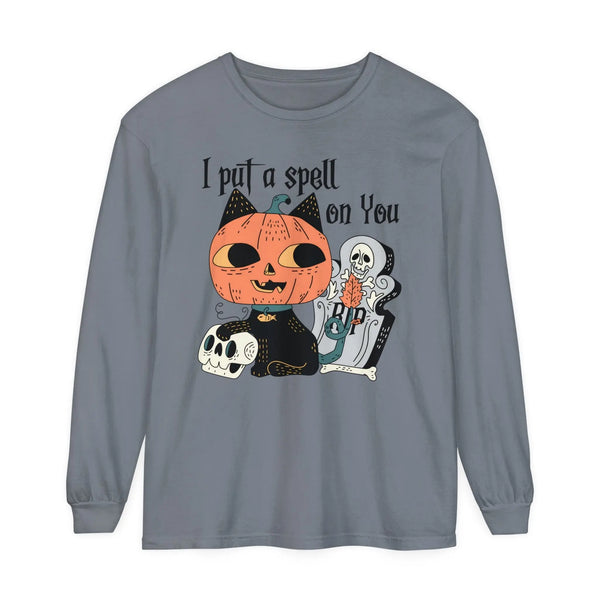 Vintage Pumpkin Cat Halloween Long Sleeve T-Shirt - Spooky Graveyard Kitty Graphic Tee
