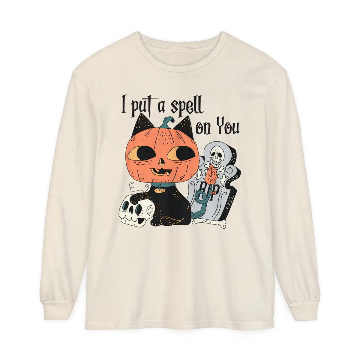 Vintage Pumpkin Cat Halloween Long Sleeve T-Shirt - Spooky Graveyard Kitty Graphic Tee