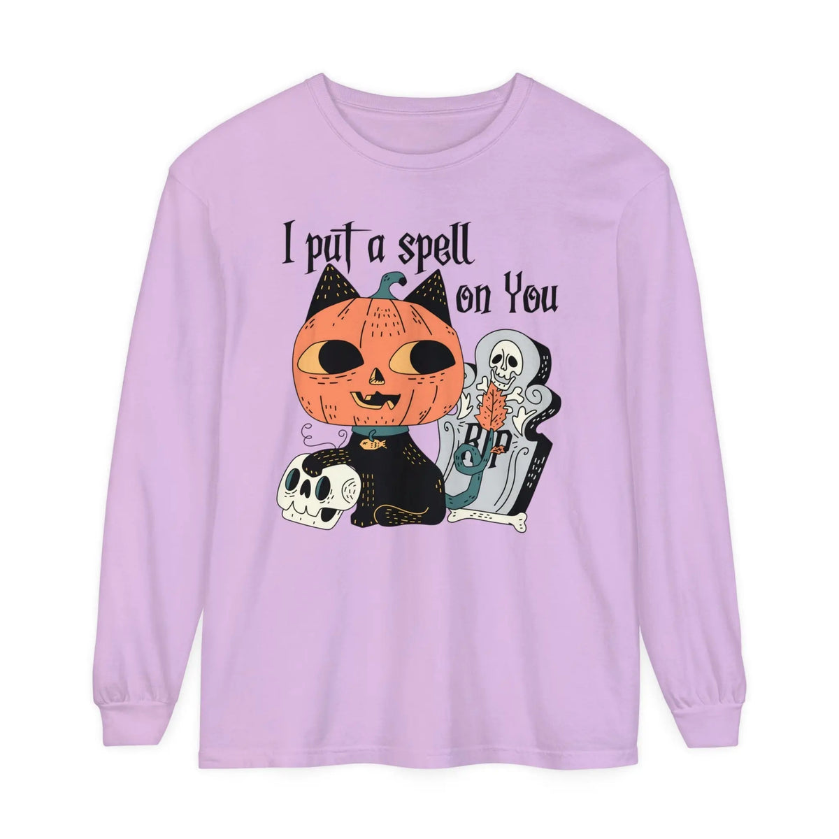 Vintage Pumpkin Cat Halloween Long Sleeve T-Shirt - Spooky Graveyard Kitty Graphic Tee