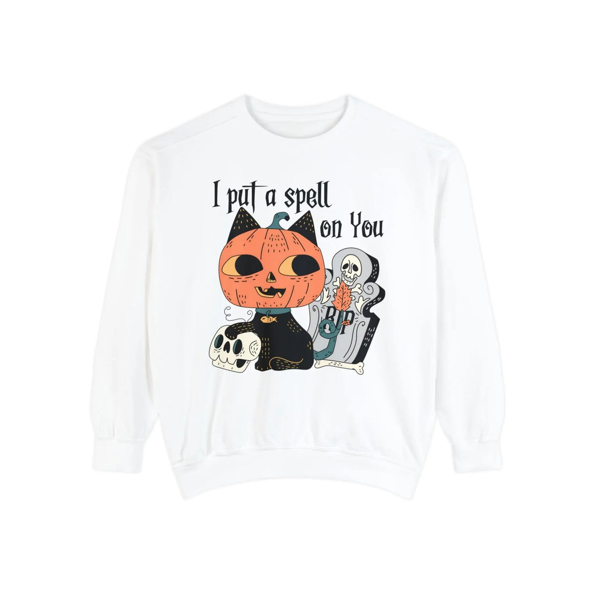 Vintage Pumpkin Cat Halloween Sweatshirt - Spooky Graveyard Kitty Graphic Sweater