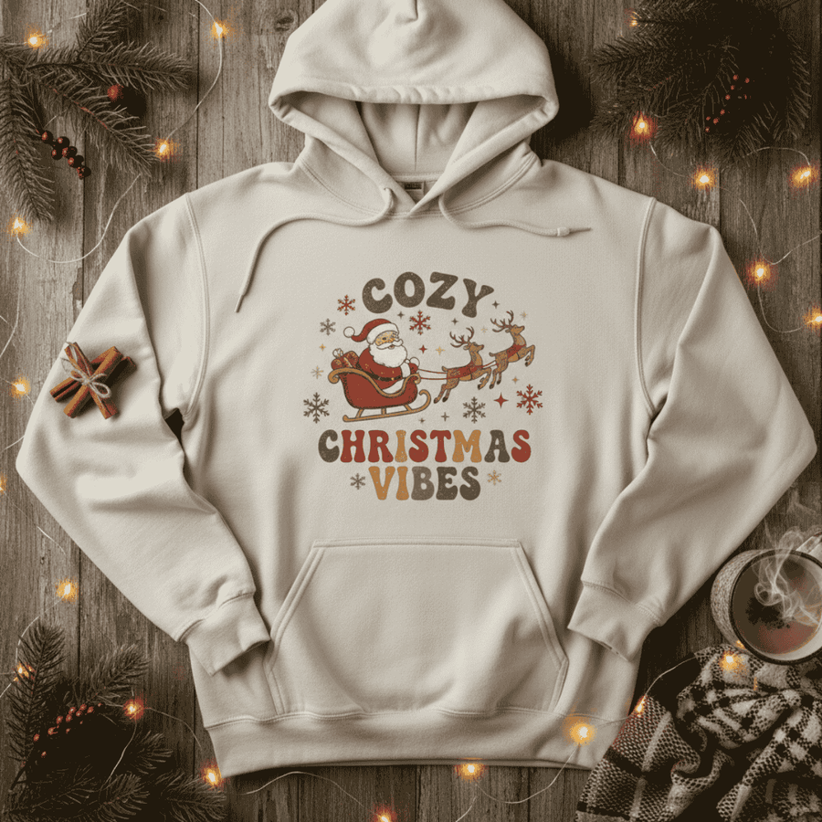 White hoodie with 'Cozy Christmas Vibes' text and Santa Claus design on a wooden background with festive decorations.