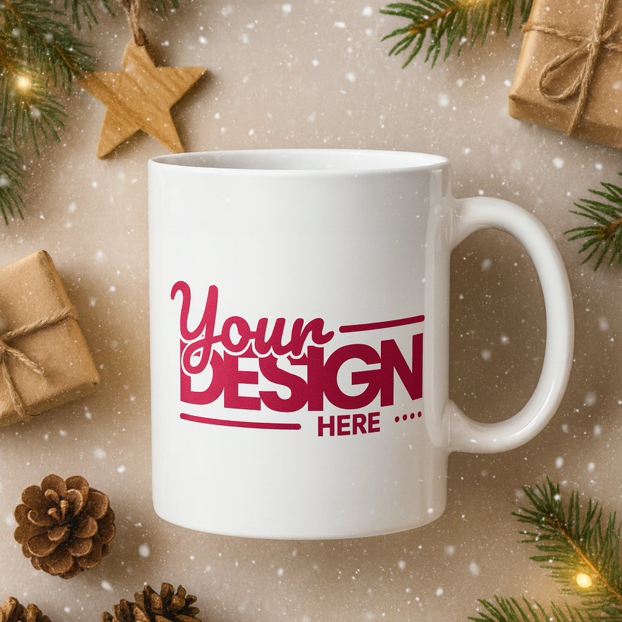 White mug with 'Your Design Here' text on a festive background with Christmas decorations.