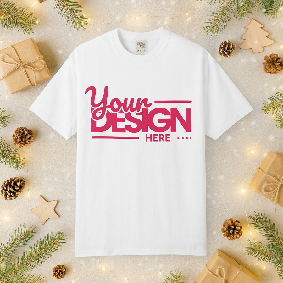 White t-shirt with 'Your Design Here' text on a festive background with Christmas decorations.