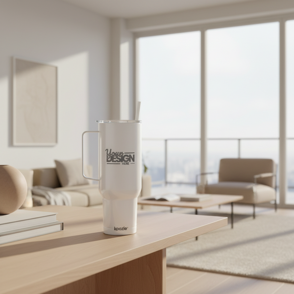 White tumbler with 'Your Design Here' text on a wooden table in a modern living room.