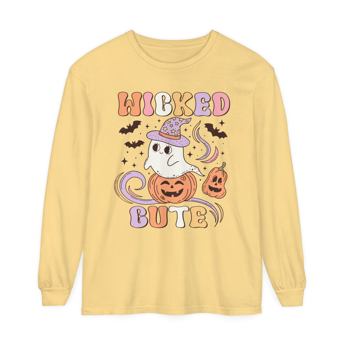 Wicked Cute Halloween Long Sleeve T-Shirt - Adorable Ghost with Pumpkins Graphic Tee