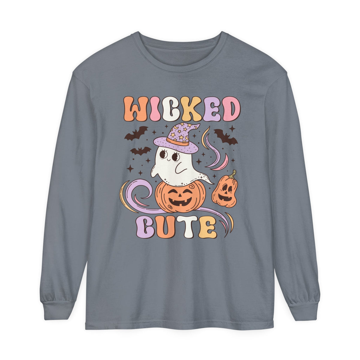 Wicked Cute Halloween Long Sleeve T-Shirt - Adorable Ghost with Pumpkins Graphic Tee