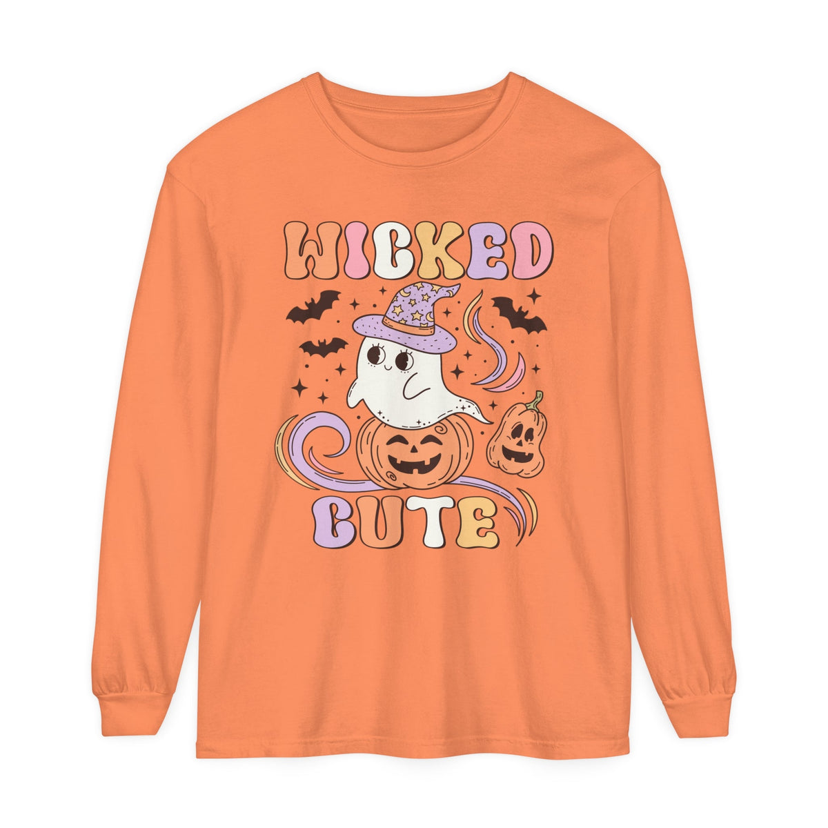 Wicked Cute Halloween Long Sleeve T-Shirt - Adorable Ghost with Pumpkins Graphic Tee