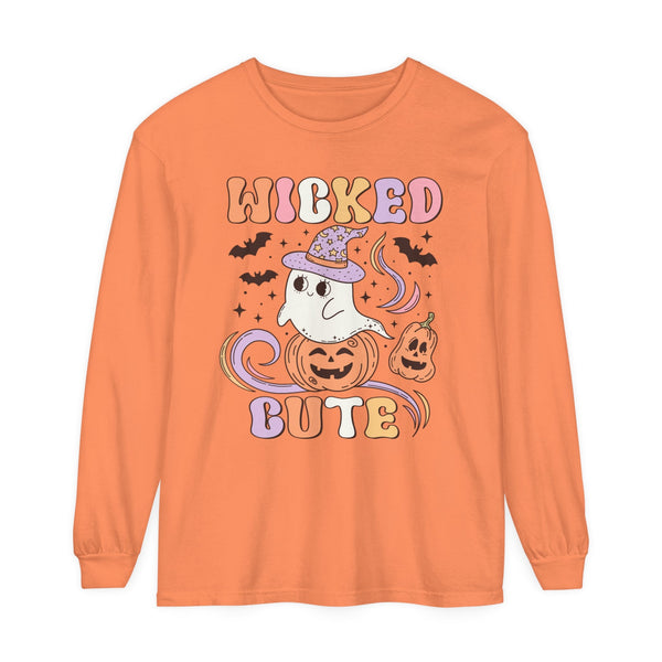 Wicked Cute Halloween Long Sleeve T-Shirt - Adorable Ghost with Pumpkins Graphic Tee