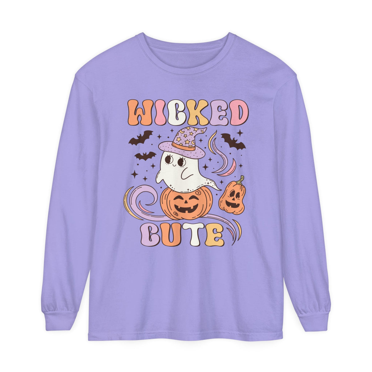 Wicked Cute Halloween Long Sleeve T-Shirt - Adorable Ghost with Pumpkins Graphic Tee