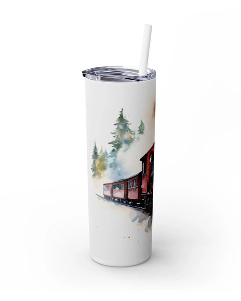 Winter Steam Engine Train With Wreath 20oz Skinny Travel Tumbler Christmas