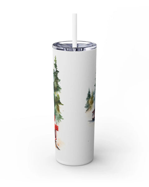 Winter Steam Engine Train With Wreath 20oz Skinny Travel Tumbler Christmas