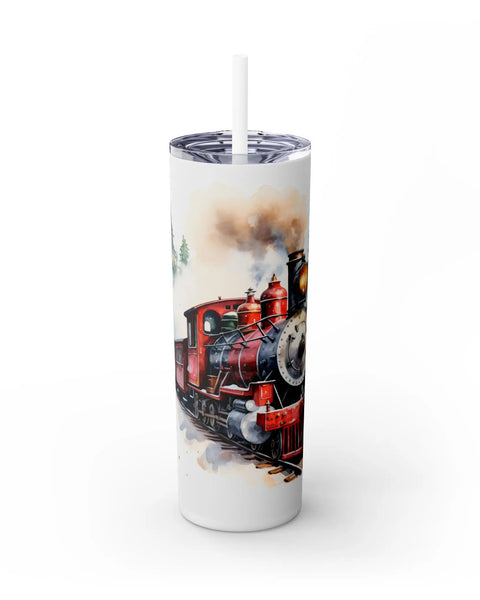 Winter Steam Engine Train With Wreath 20oz Skinny Travel Tumbler Christmas