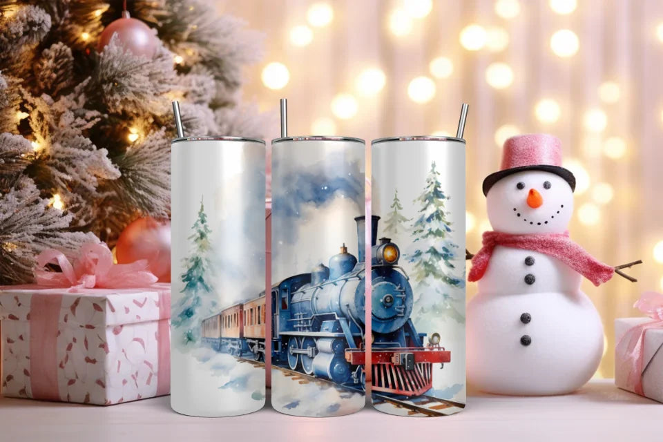 Winter Train Skinny Tumbler - 20oz Insulated Christmas Travel Mug with Scenic Snowy Design, Holiday Gift