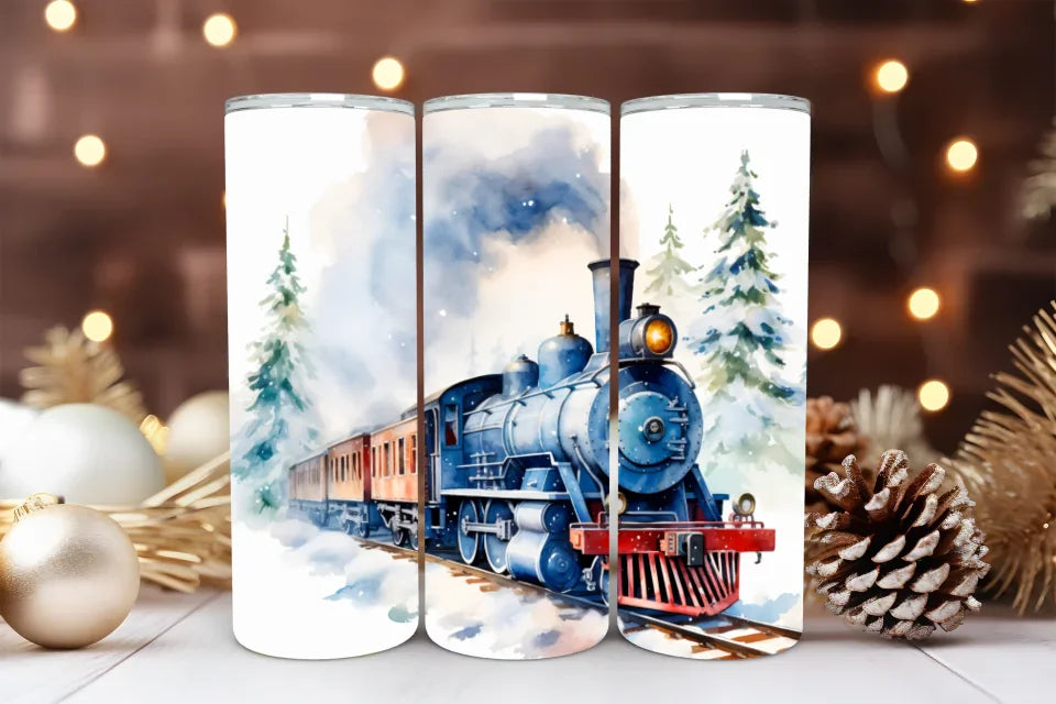 Winter Train Skinny Tumbler - 20oz Insulated Christmas Travel Mug with Scenic Snowy Design, Holiday Gift