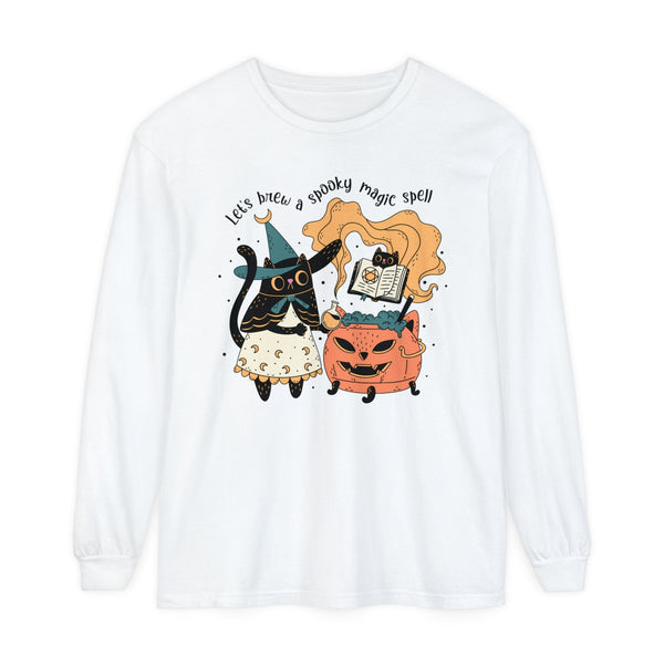 Witchy Cat Halloween Long Sleeve T-Shirt - Magic Cauldron & Spellbook Kitty Graphic Tee