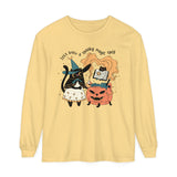 Witchy Cat Halloween Long Sleeve T-Shirt - Magic Cauldron & Spellbook Kitty Graphic Tee