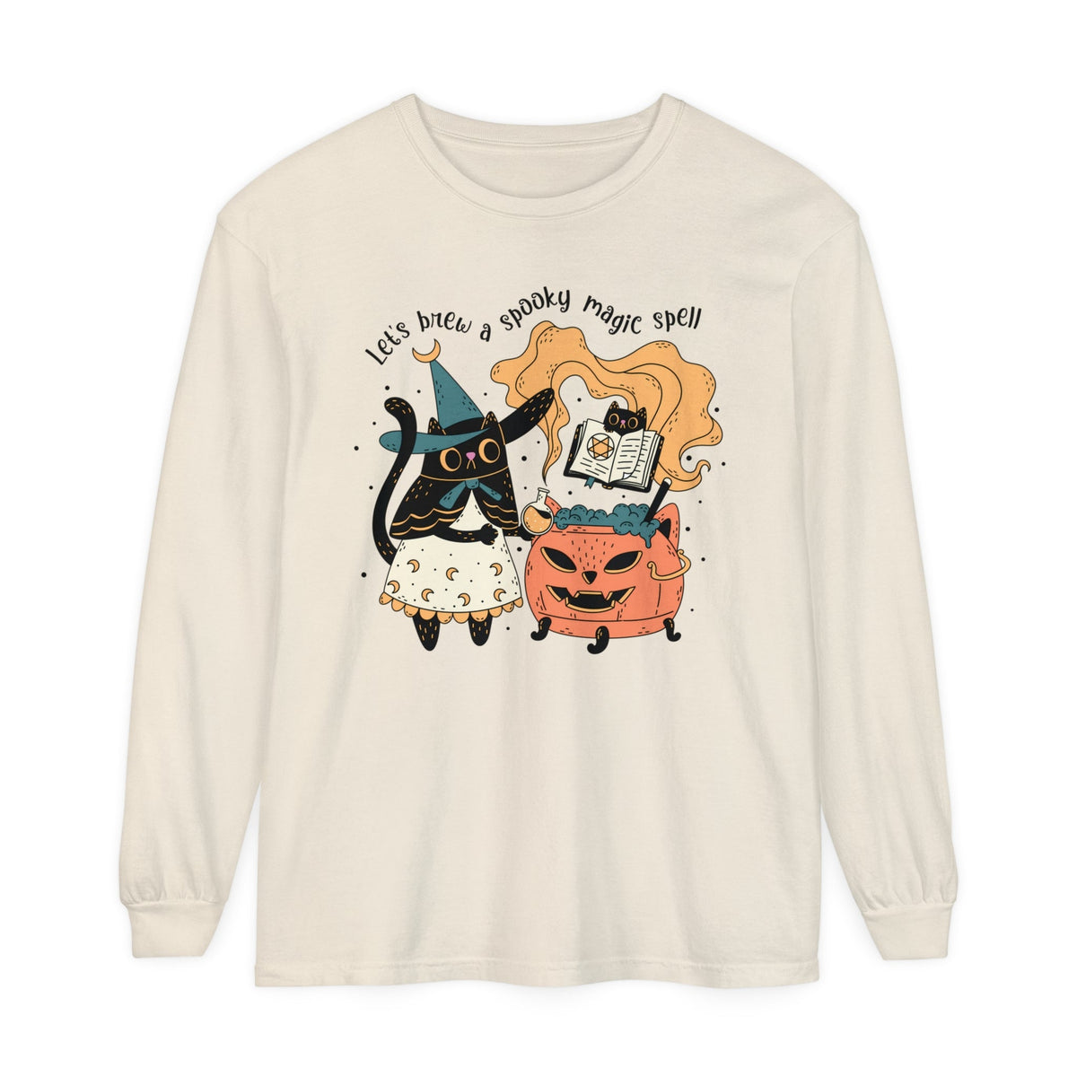 Witchy Cat Halloween Long Sleeve T-Shirt - Magic Cauldron & Spellbook Kitty Graphic Tee