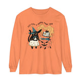 Witchy Cat Halloween Long Sleeve T-Shirt - Magic Cauldron & Spellbook Kitty Graphic Tee