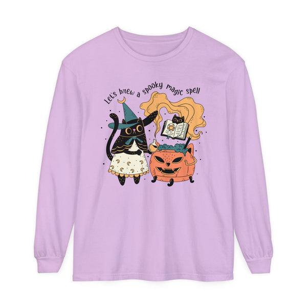 Witchy Cat Halloween Long Sleeve T-Shirt - Magic Cauldron & Spellbook Kitty Graphic Tee