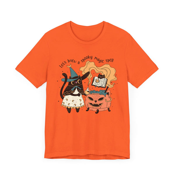 Witchy Cat Halloween Shirt - Magic Cauldron & Spellbook Kitty Graphic Tee