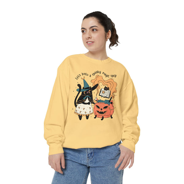 Witchy Cat Halloween Sweatshirt - Magic Cauldron & Spellbook Kitty Graphic Sweater