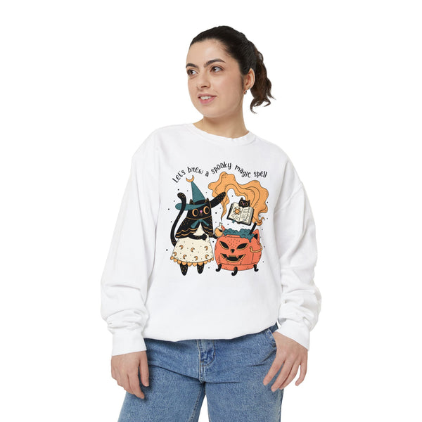 Witchy Cat Halloween Sweatshirt - Magic Cauldron & Spellbook Kitty Graphic Sweater