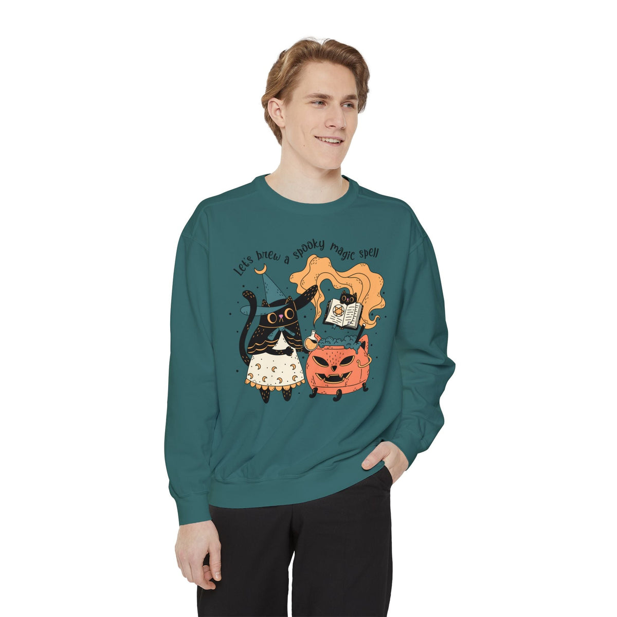 Witchy Cat Halloween Sweatshirt - Magic Cauldron & Spellbook Kitty Graphic Sweater