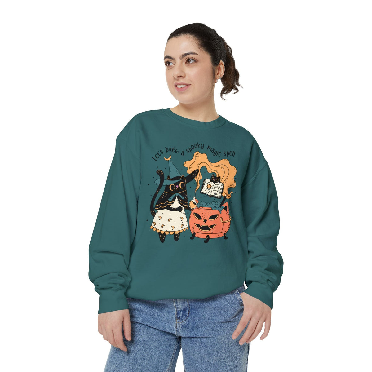 Witchy Cat Halloween Sweatshirt - Magic Cauldron & Spellbook Kitty Graphic Sweater