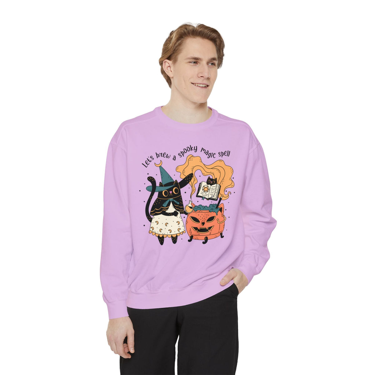 Witchy Cat Halloween Sweatshirt - Magic Cauldron & Spellbook Kitty Graphic Sweater