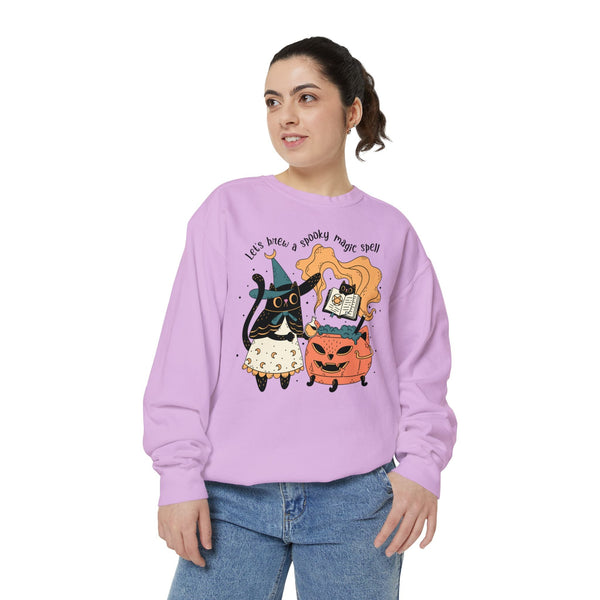 Witchy Cat Halloween Sweatshirt - Magic Cauldron & Spellbook Kitty Graphic Sweater