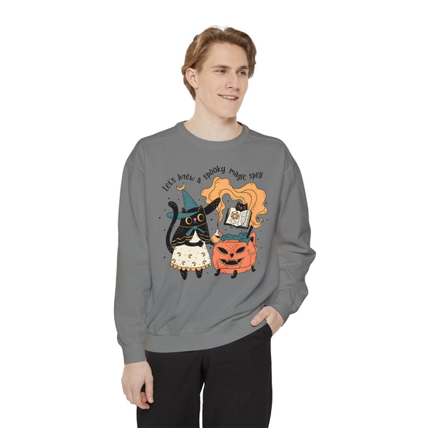 Witchy Cat Halloween Sweatshirt - Magic Cauldron & Spellbook Kitty Graphic Sweater