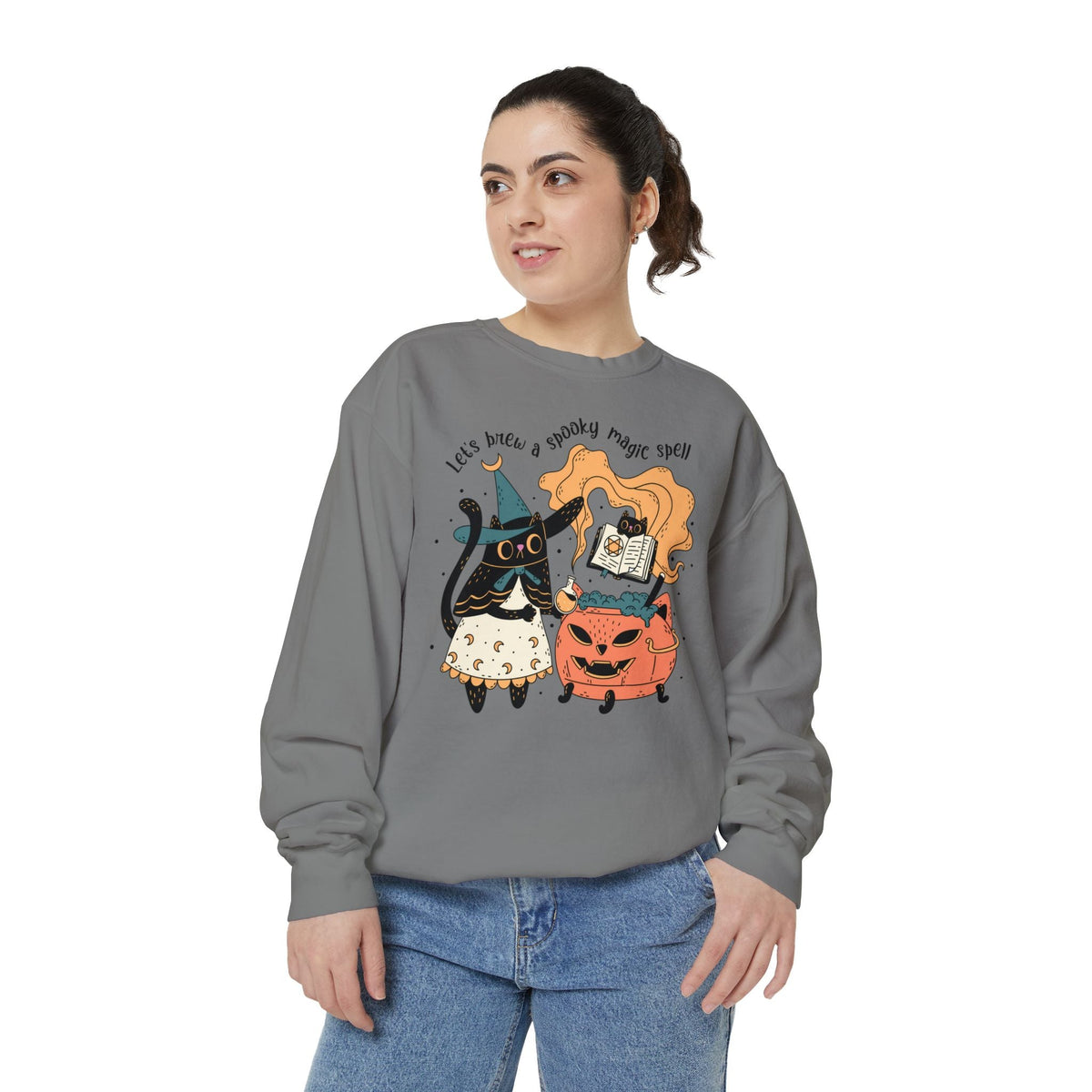 Witchy Cat Halloween Sweatshirt - Magic Cauldron & Spellbook Kitty Graphic Sweater