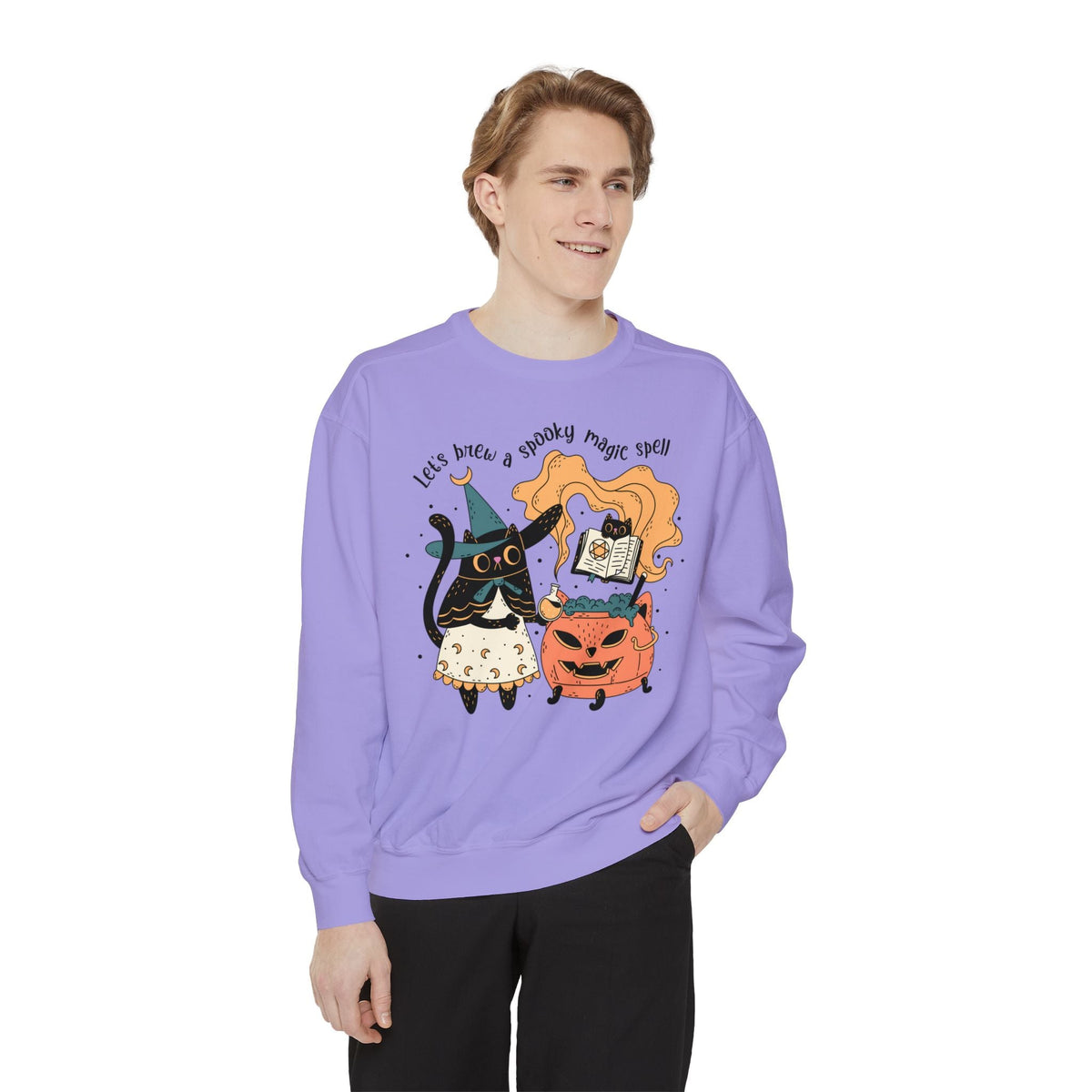 Witchy Cat Halloween Sweatshirt - Magic Cauldron & Spellbook Kitty Graphic Sweater