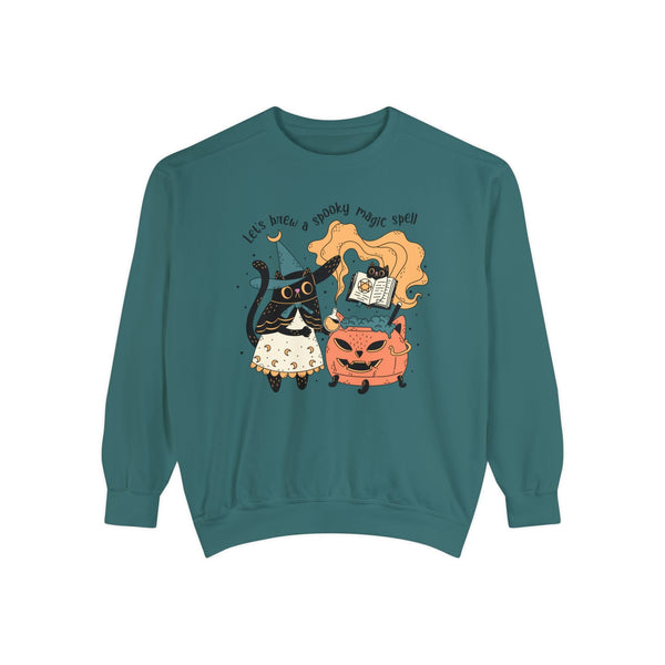 Witchy Cat Halloween Sweatshirt - Magic Cauldron & Spellbook Kitty Graphic Sweater