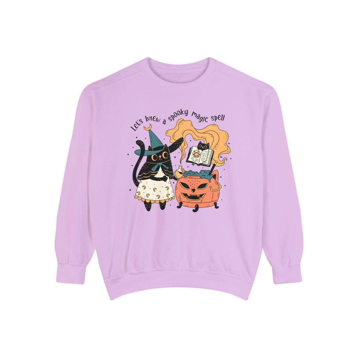 Witchy Cat Halloween Sweatshirt - Magic Cauldron & Spellbook Kitty Graphic Sweater