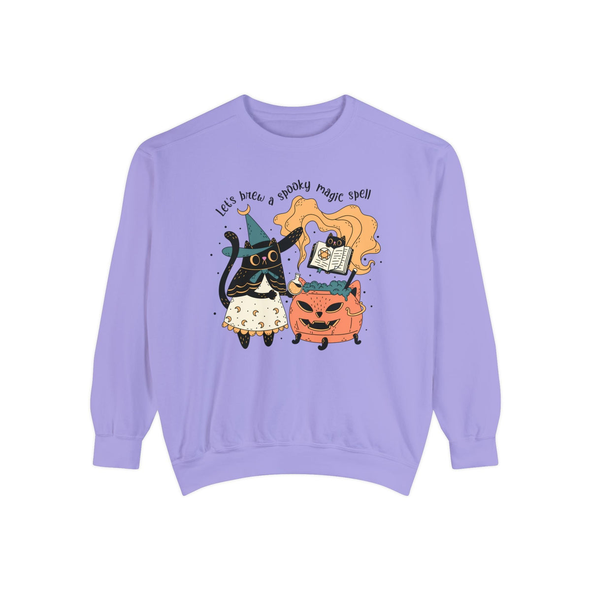 Witchy Cat Halloween Sweatshirt - Magic Cauldron & Spellbook Kitty Graphic Sweater