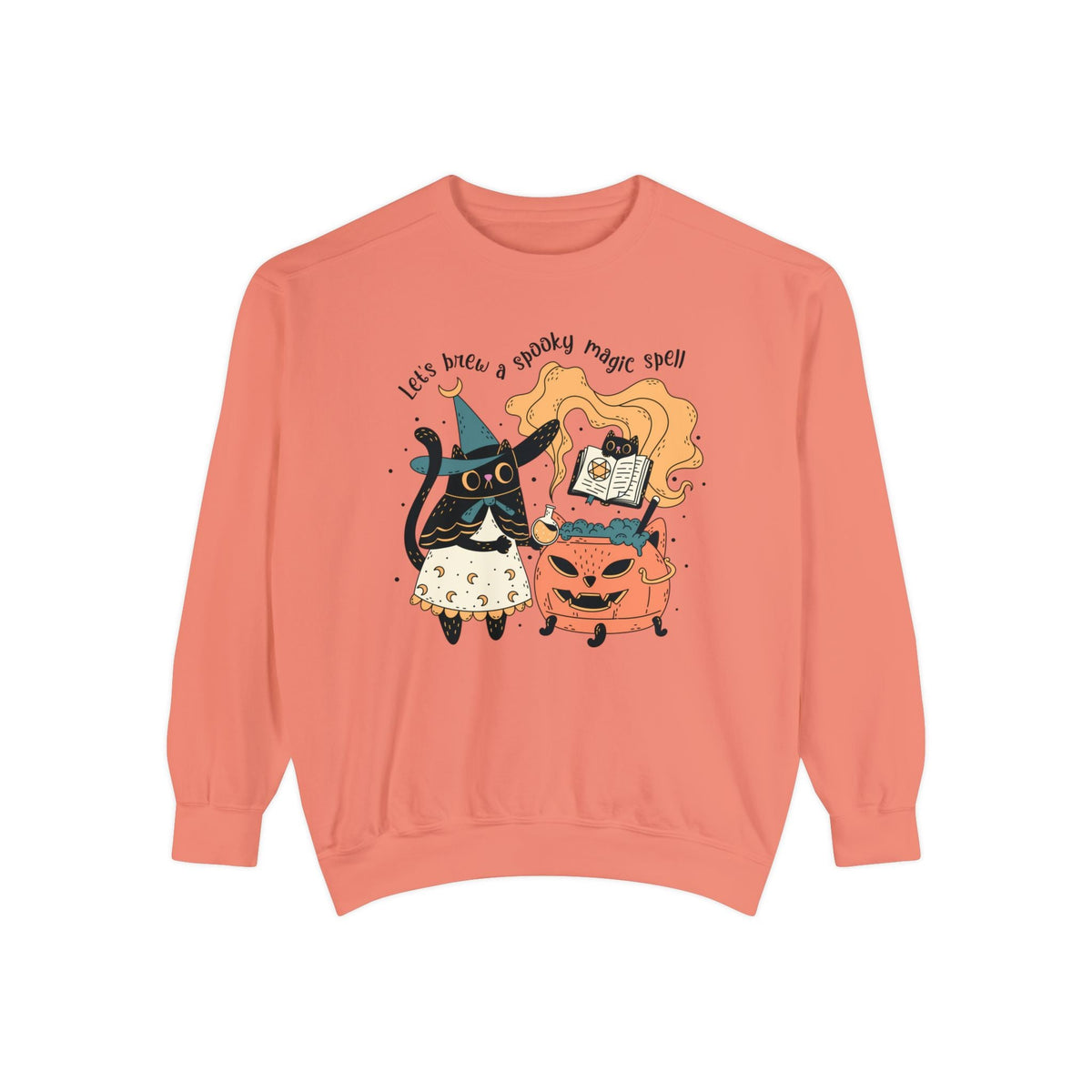 Witchy Cat Halloween Sweatshirt - Magic Cauldron & Spellbook Kitty Graphic Sweater