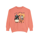 Witchy Cat Halloween Sweatshirt - Magic Cauldron & Spellbook Kitty Graphic Sweater